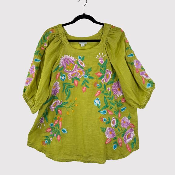 Sundance Womens Top Green Embroidered Floral Ramie 3/4 Sleeve Blouse Boho Large - Picture 2 of 11